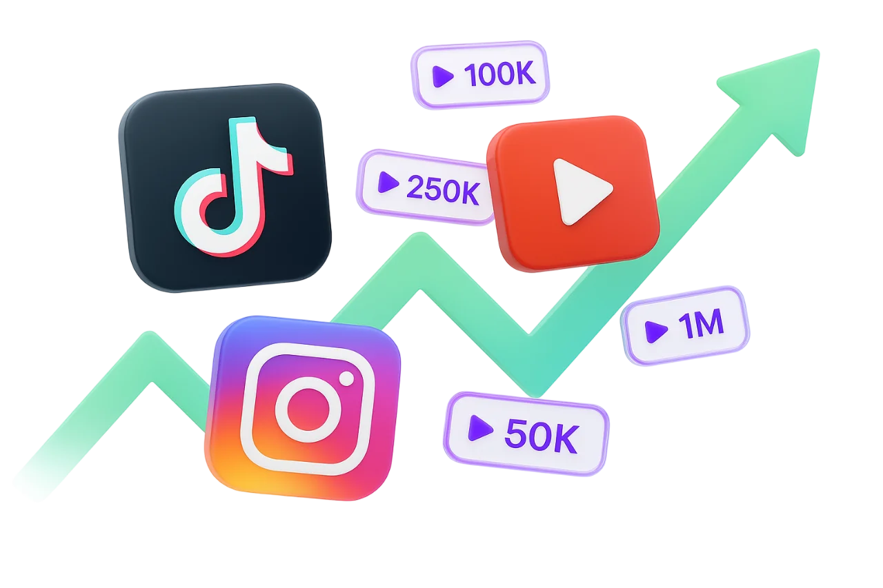 TikTok, Instagram, and YouTube icons growing with view-count labels
